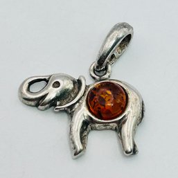 Sterling Silver Elephant Pendant With Amber Colored Stone, 3.47 G