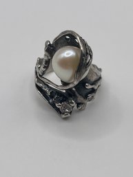 Israel- Vintage Sterling Ring With Pearl And Clear Gems 8.73g   Sz.8