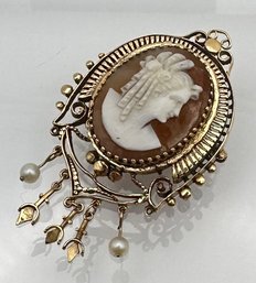 Shell Carved Cameo 14K Gold Brooch Pendant