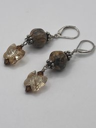 Sterling Dangle Earrings With Brown Beads And Butterfly Shape Gem 8.95g
