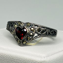 GARNET, MARCASITE, Sterling Silver Heart Shaped Ring, Size 8, 3.00 G