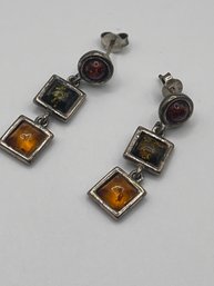 Sterling Earrings With Red, Brown And Orange Stones 5.92g