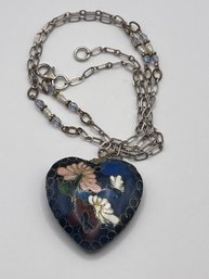 Sterling Metal Necklace With Blue Heart And Flower 27.65g