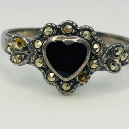 SU, ONYX, MARCASITE, Sterling Silver Heart-shaped Ring, Size 7.5, 2.57 G