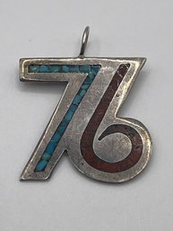 Sterling Turquoise Inlay, Coral Inlay , Spirit Of 76 Pendant 4.5g