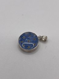 Sterling Round Glass Pendant With Blue Flowers 1.88g