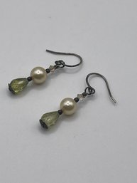 Sterling Drop Earrings With Green And Pearl Colored Gems 3.26g