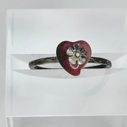 Sterling Silver Band With Red Stone Heart  And Silver Flower Size 6, 1.44g