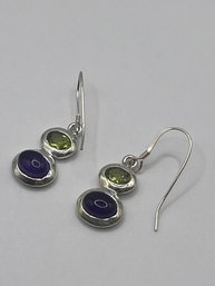Sterling Dangle Earrings With Green And Purple Stones 4.40g