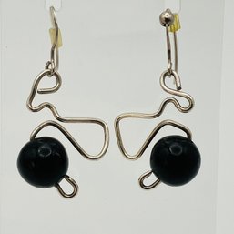 Sterling Silver Twisted Metal With Black Charm Dangle Earrings, 4.68 G