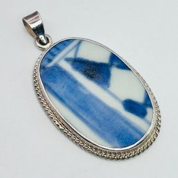 Sterling Silver Pendant, Bezel Set White And Blue Oval Stone, Braid Detail 8.31 G