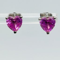 Pink, Sapphire Sterling Silver Heart, Stud Earrings, 1.97 G