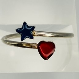 Sterling Silver Blue Star Red Heart Bypass Ring, Size 4.5, 0.78 G