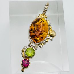 Amber Citrine Garnet Sterling Silver Pendant 3.06 G