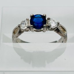 Sterling Silver NV Rhinestone, Blue And Clear Stone Ring Size 6, 2.77 G