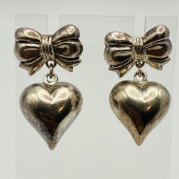 Sterling Silver Bow And Heart Dangle Earrings, 6.68 G