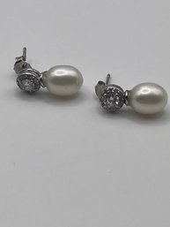 Sterling Clear Rhinestone White Bead Earrings  1.76g