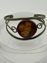 Mexico Sterling Silver Cuff Bracelet. Beautiful Dried Flower Center. 11.32g