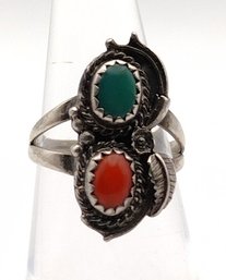 Turquoise Coral Sterling Silver Ring Size 3.75