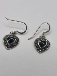 Sterling Dangle Earrings With Black Heart Stone   2.65g