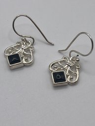 Sterling Dangle Earrings With Black Stone And  Cutout Design   3.34g