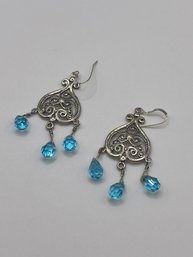 Sterling Dangle Earrings With Blue Crystal Beads   6.51g