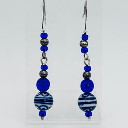 Sterling Silver Blue Stone Earrings, Long Dangles 6.49 G