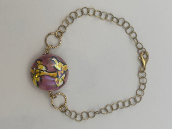 Sterling Silver Gold Colored Interlocking Circle Bracelet  With Pink And Yellow Pendant. 7.43g