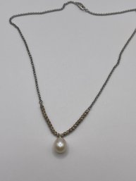 Sterling Part Chain And Bead Necklace With Pearl Bead  6.53g   16'long