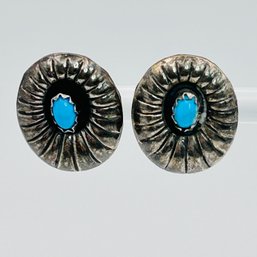 Turquoise Sterling Silver Southwestern Oval Earrings, 2.92 G