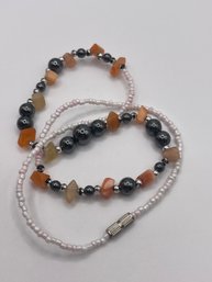 Beaded Orange, Black And Pink Beaded Necklace  15.0g     17'long
