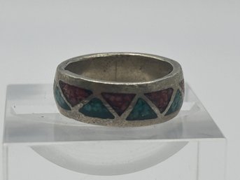 Sterling Silver Ring With Triangle Ruby And Turquoise Inset Stones. Size 4.5.  4.36 G.