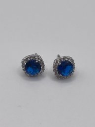Sterling Circle Earrings With Sapphire Colored Stone  2.53g