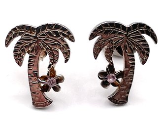 Sterling Pink Rhinestone Palm Tree Stud Earrings 2g