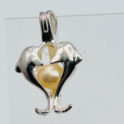 Sterling Silver, Kissing Dolphin Pendant, Pearl Enclosed 3.22 G