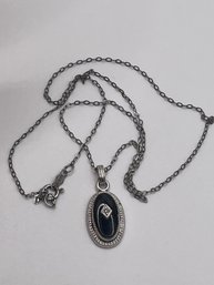 Sterling Necklace With Link Chain And Black Stone   3.29g   17' Long