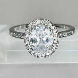 Rhinestone Sterling Silver, Gorgeous Solitaire Halo Set Ring Size 9, 3.01 G