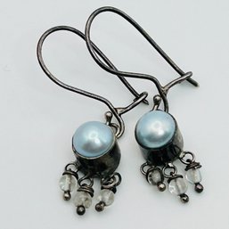 Sterling, Silver Mother Of Pearl Hook Back Dangle Earrings 2.38 G