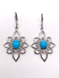 Sterling Flower And Blue Stone Lever Back Earrings 7g