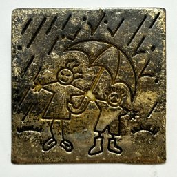 Mexico, Sterling Silver Square Brooch Engraved Children Playing In Rain 9.09 G