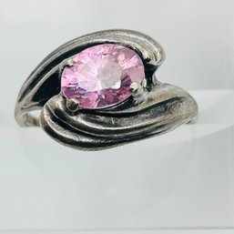 Pink Rhinestone Sterling Silver Bypass Set Ring Size 6.5, 2.88 G