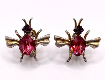 Sterling Pink And Purple Rhinestone Flying Insect Screw Back Earrings 5.5g