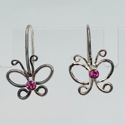 Sterling Silver Butterfly Earrings, Pink Stone .71 G