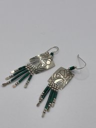 Sterling Dangle Earrings With Green Beads   5.28g