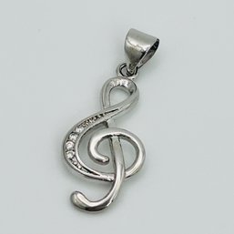 Sterling Silver Music Note Pendant, Clear Stone .99 G