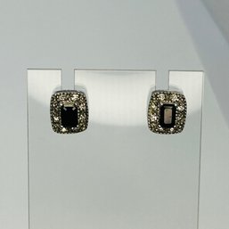 Sterling Silver Earrings With Black Square Stone Marked With A. 3.06 G