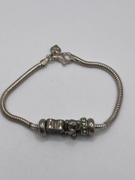 Italy - Sterling Bracelet With Hear, Dog And Green Gems Charms  16.84g      7.5'long