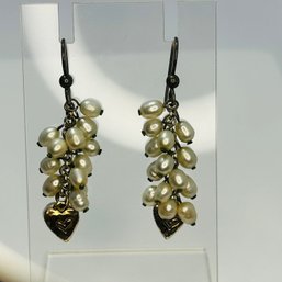 Sterling Silver Earrings With Pearl Stones, And Heart Pendant. 6.61 G
