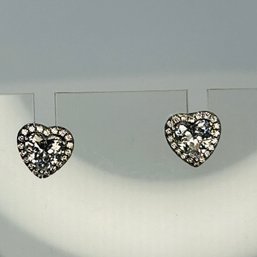 Engraved China  N, CZ Sterling Silver Earrings With Heart-shaped Clear Stone. 1.68 G.