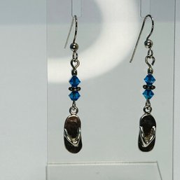 Marked With S-C Sterling Silver Dangle Earrings With Blue Stones And Flip-flop Design. 3.45g